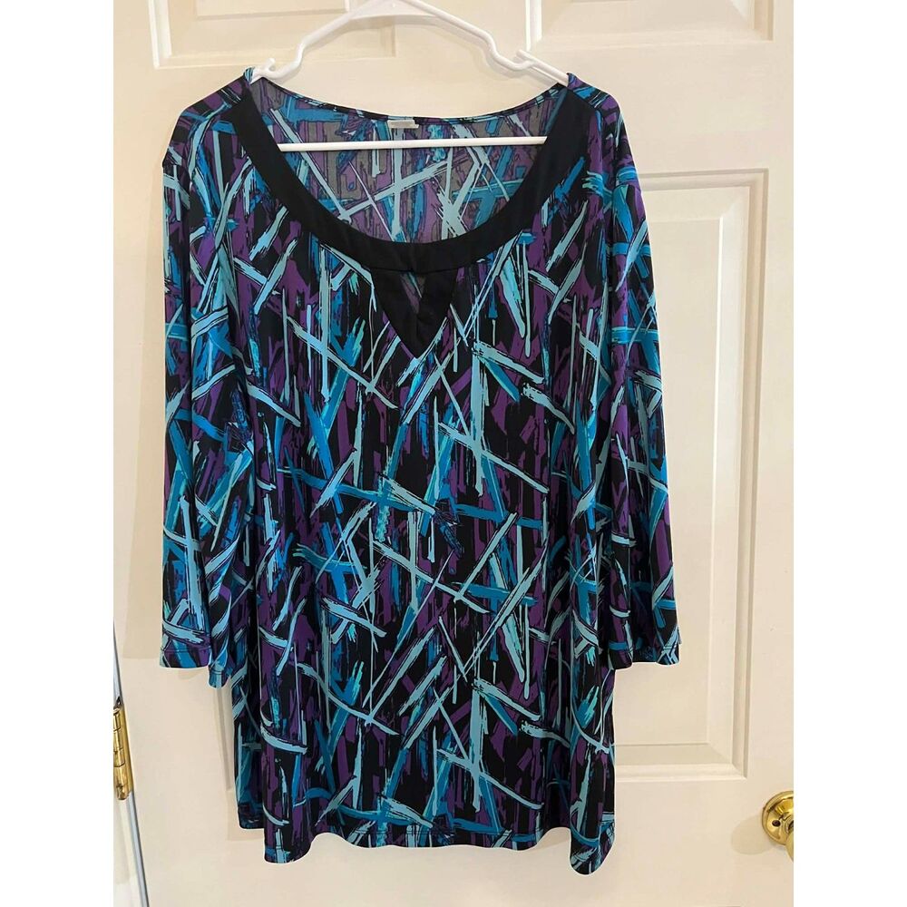 Womens 3X 22/24W Blouse Black Blue Purple Abstract Brushstroke Artsy Modern